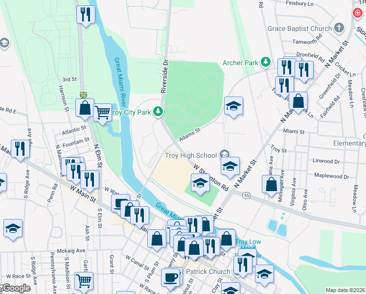 map of restaurants, bars, coffee shops, grocery stores, and more near 517 West Staunton Road in Troy