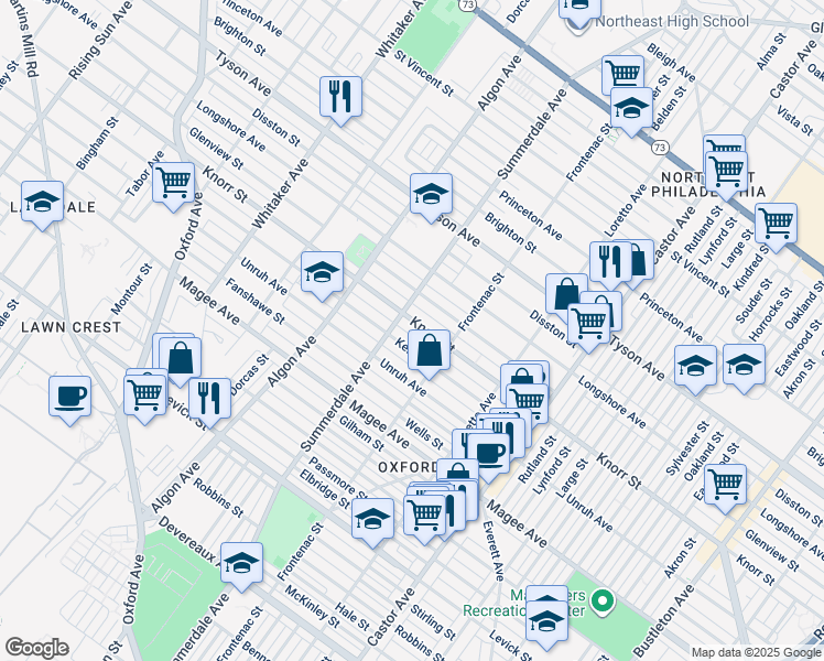 map of restaurants, bars, coffee shops, grocery stores, and more near 1216 Knorr Street in Philadelphia