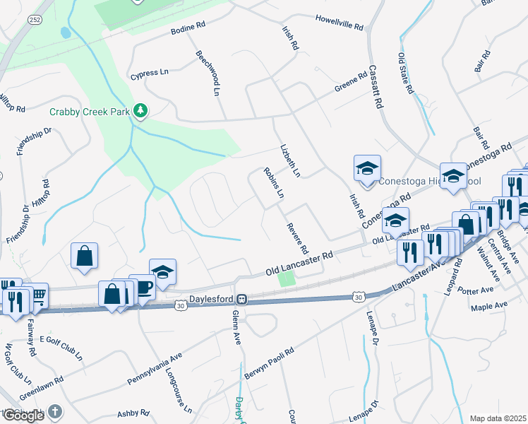 map of restaurants, bars, coffee shops, grocery stores, and more near 10 Long Lane in Berwyn