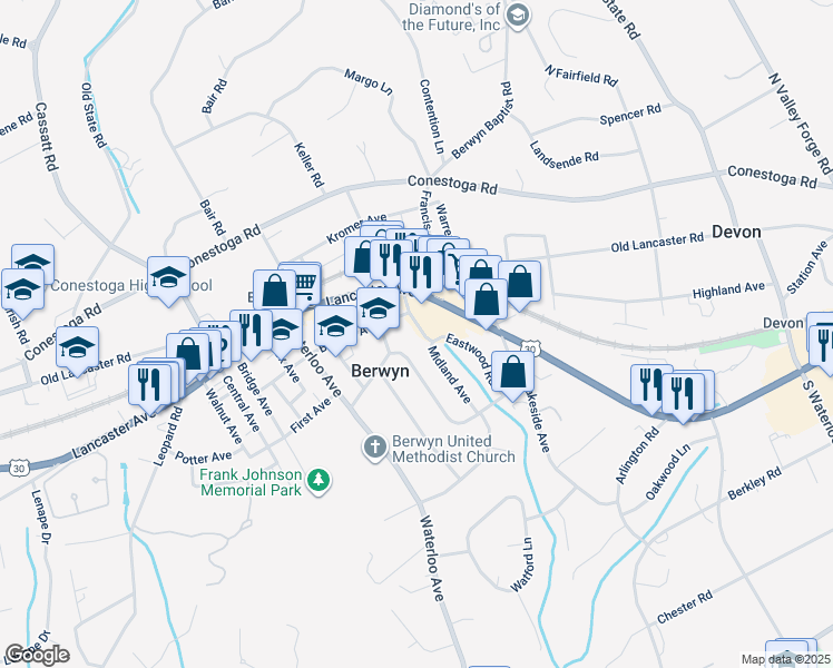 map of restaurants, bars, coffee shops, grocery stores, and more near 16 Midland Avenue in Berwyn