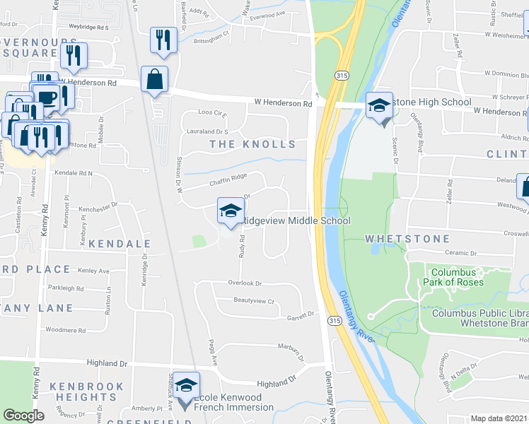 map of restaurants, bars, coffee shops, grocery stores, and more near 4255 Rowanne Road in Columbus