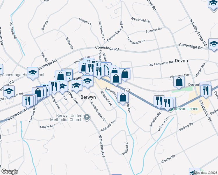 map of restaurants, bars, coffee shops, grocery stores, and more near 35 Eastwood Road in Berwyn