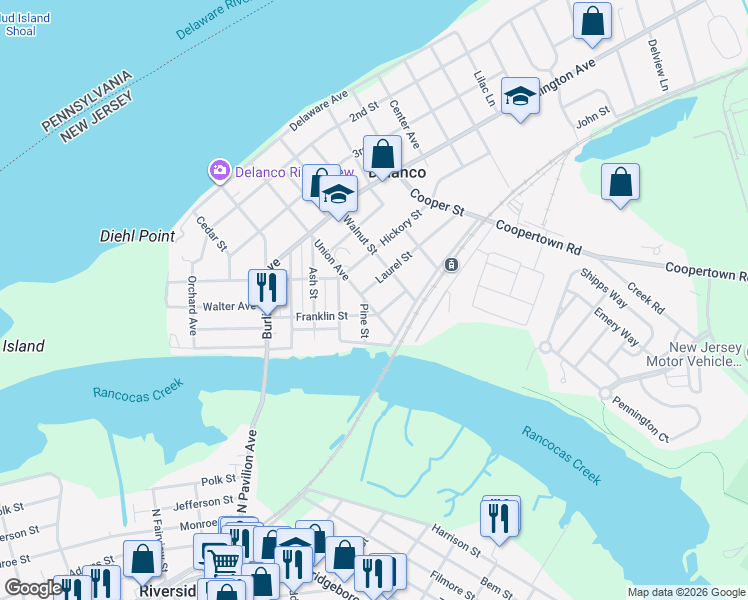 map of restaurants, bars, coffee shops, grocery stores, and more near 610 Union Avenue in Delanco