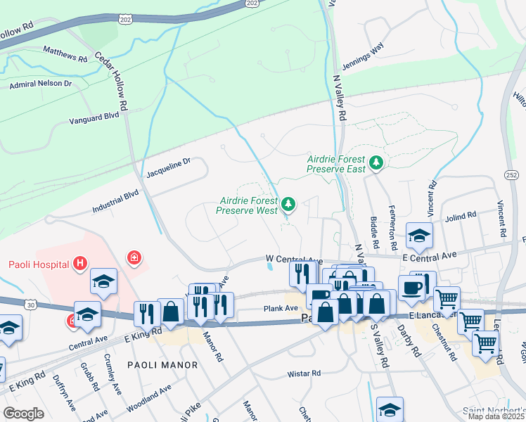 map of restaurants, bars, coffee shops, grocery stores, and more near 51 Summit Avenue in Paoli
