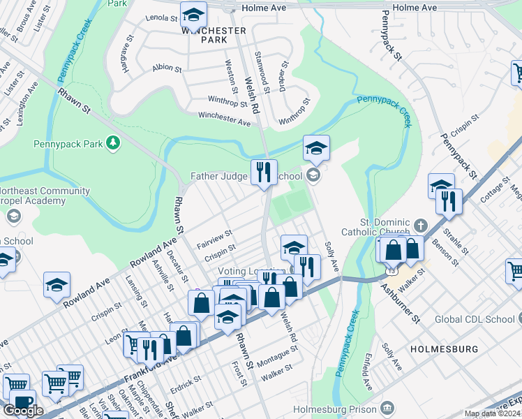 map of restaurants, bars, coffee shops, grocery stores, and more near 8094 Fairview Street in Philadelphia