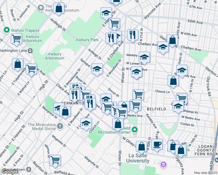 map of restaurants, bars, coffee shops, grocery stores, and more near 951 East Locust Avenue in Philadelphia