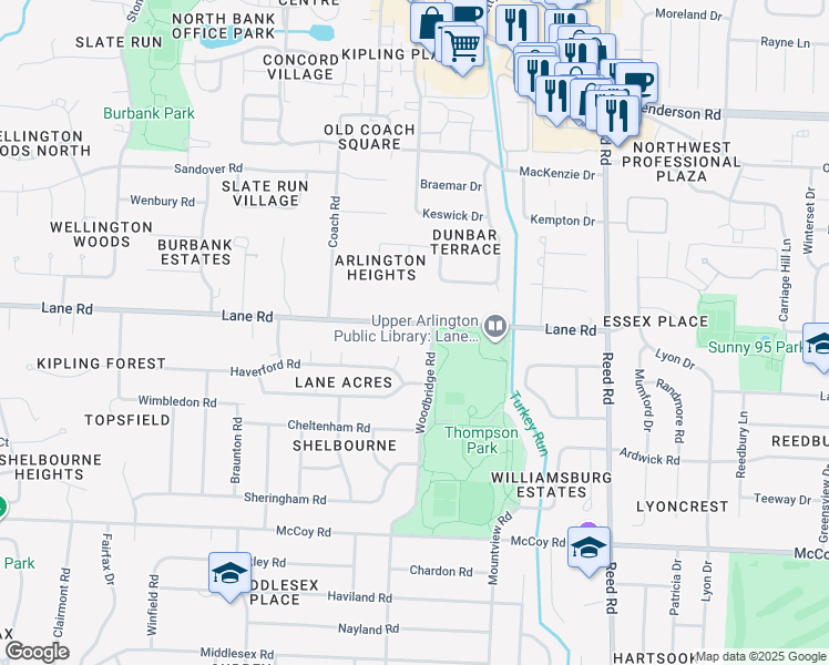 map of restaurants, bars, coffee shops, grocery stores, and more near 2105 Lane Road in Columbus
