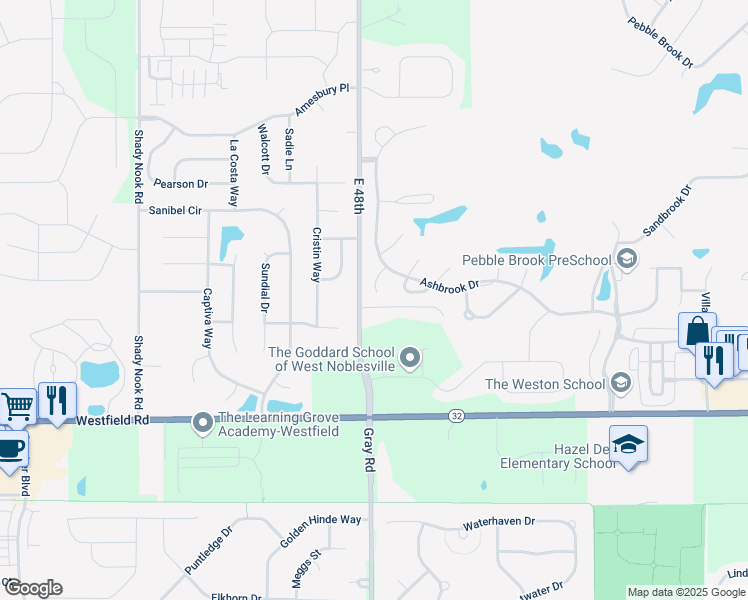 map of restaurants, bars, coffee shops, grocery stores, and more near 17848 Sandy Run Court in Noblesville