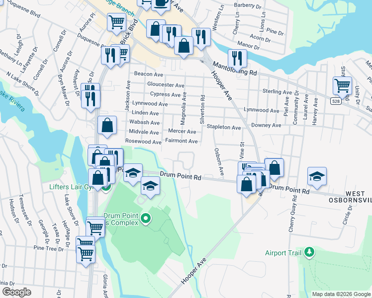 map of restaurants, bars, coffee shops, grocery stores, and more near 49 White Swan Way in Brick Township