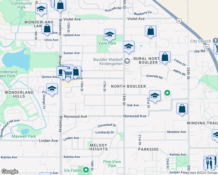 map of restaurants, bars, coffee shops, grocery stores, and more near 1819 Orchard Avenue in Boulder