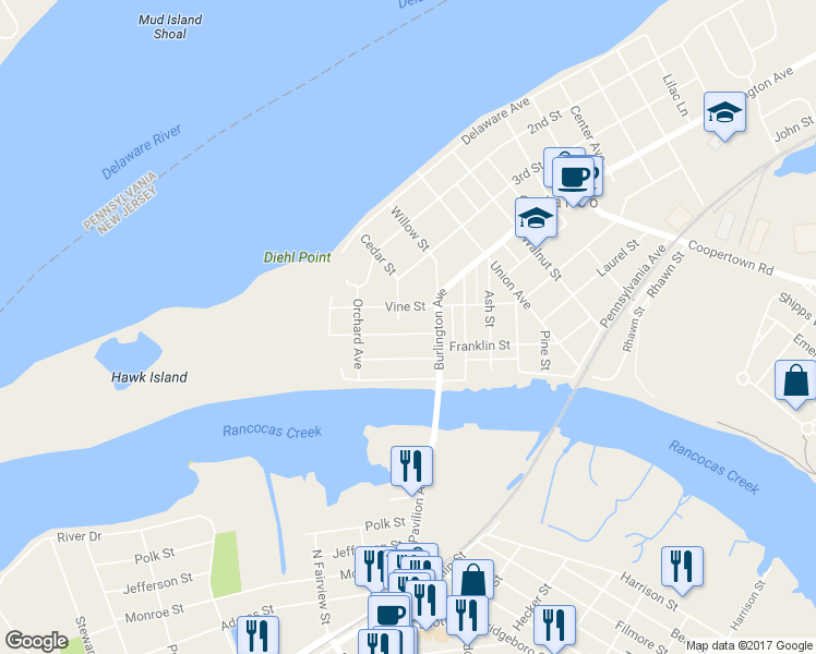 map of restaurants, bars, coffee shops, grocery stores, and more near 304 Walter Avenue in Delanco
