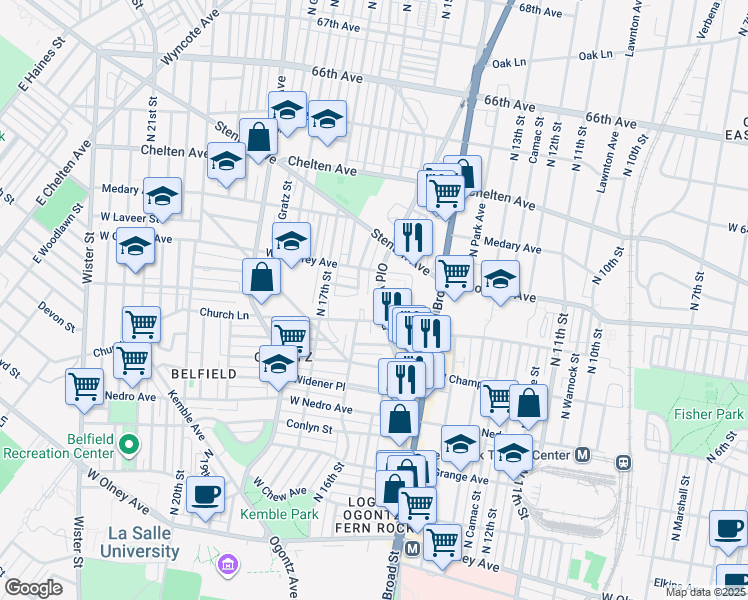 map of restaurants, bars, coffee shops, grocery stores, and more near 6128 Old York Road in Philadelphia