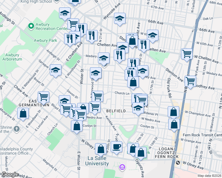 map of restaurants, bars, coffee shops, grocery stores, and more near 6022 North Woodstock Street in Philadelphia