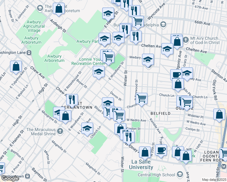 map of restaurants, bars, coffee shops, grocery stores, and more near 5523 Sprague Street in Philadelphia