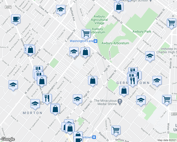 map of restaurants, bars, coffee shops, grocery stores, and more near 447 East Walnut Lane in Philadelphia