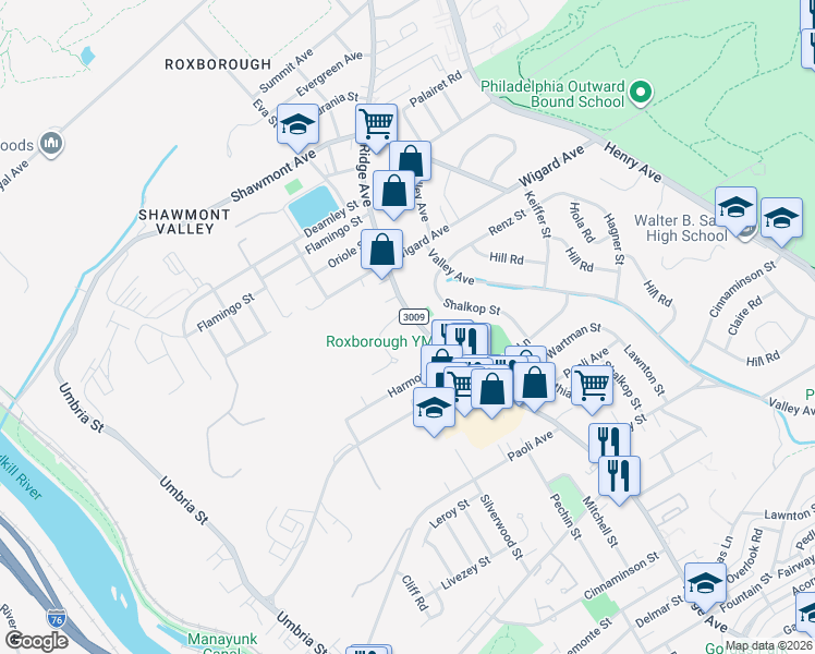 map of restaurants, bars, coffee shops, grocery stores, and more near 7303 Ridge Avenue in Philadelphia