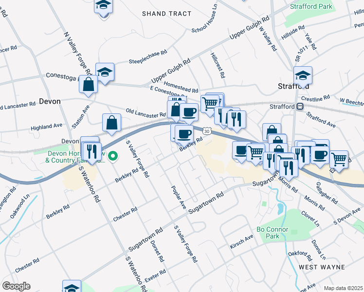 map of restaurants, bars, coffee shops, grocery stores, and more near 43 Berkley Road in Devon