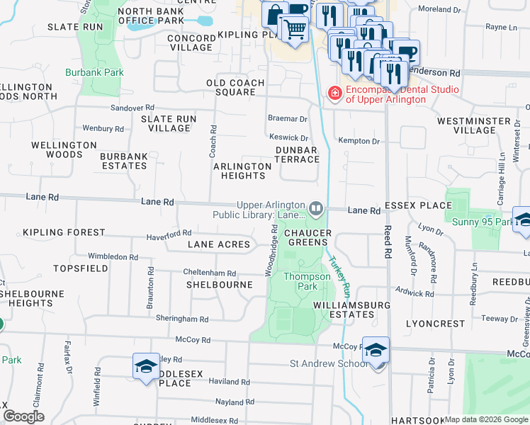 map of restaurants, bars, coffee shops, grocery stores, and more near 2105 Lane Road in Columbus