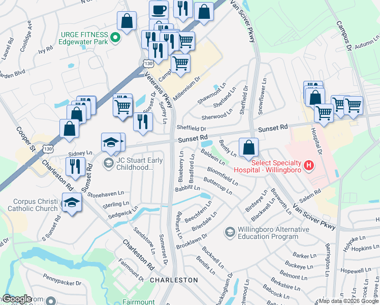 map of restaurants, bars, coffee shops, grocery stores, and more near 39 Bradford Lane in Willingboro