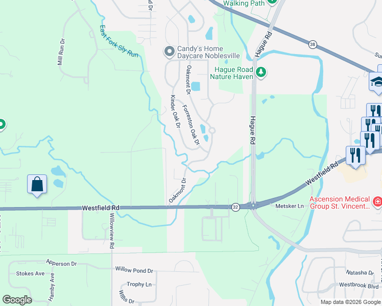 map of restaurants, bars, coffee shops, grocery stores, and more near 17857 Forreston Oak Drive in Noblesville