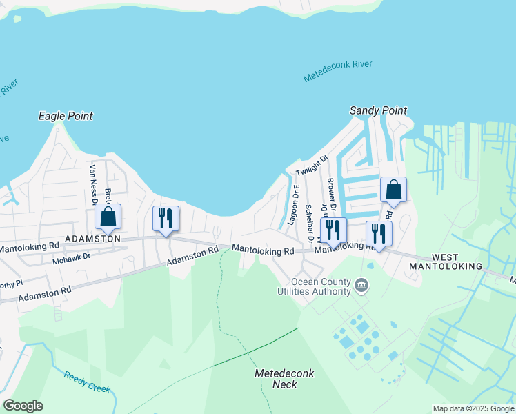map of restaurants, bars, coffee shops, grocery stores, and more near 67 Nejecho Drive in Brick Township