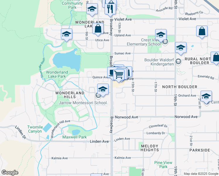 map of restaurants, bars, coffee shops, grocery stores, and more near 3979 Springleaf Lane in Boulder