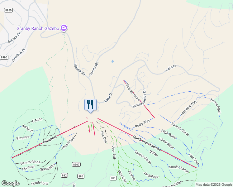 map of restaurants, bars, coffee shops, grocery stores, and more near 161 Mountainside Dr in Granby