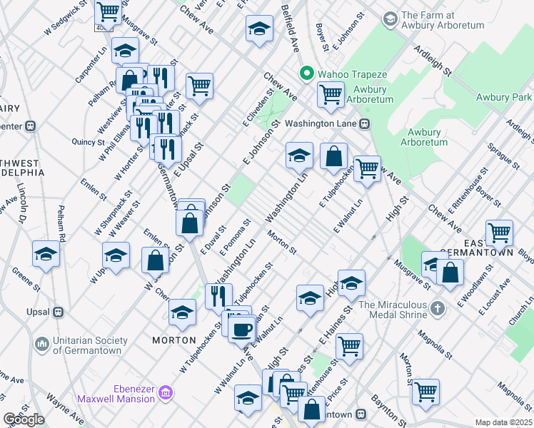 map of restaurants, bars, coffee shops, grocery stores, and more near 6305 Gardenia Street in Philadelphia