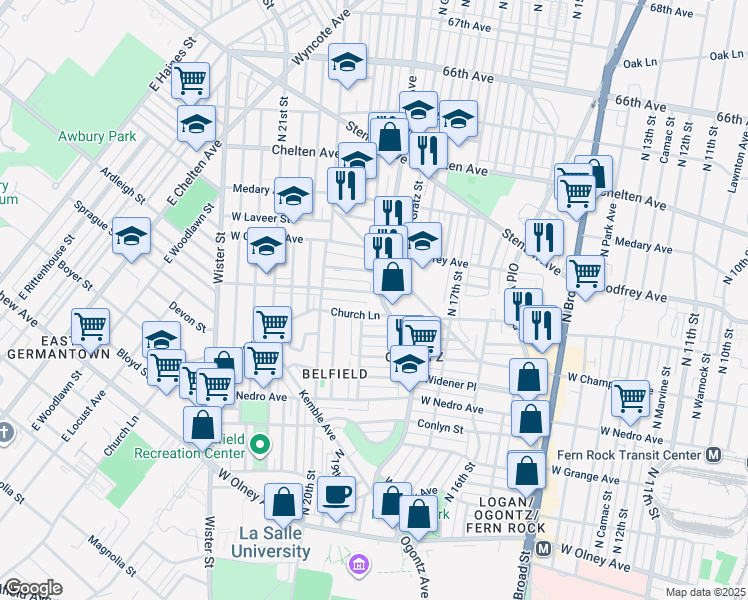 map of restaurants, bars, coffee shops, grocery stores, and more near 6020 Ogontz Avenue in Philadelphia