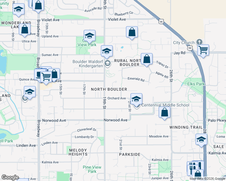 map of restaurants, bars, coffee shops, grocery stores, and more near 1940 Poplar Avenue in Boulder