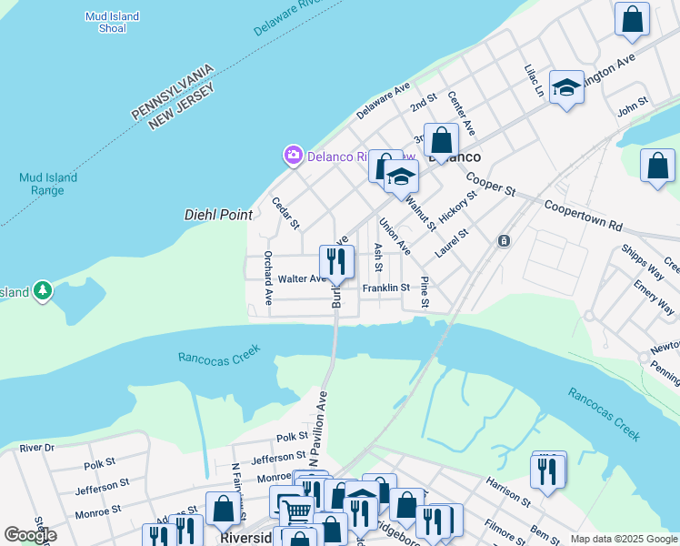 map of restaurants, bars, coffee shops, grocery stores, and more near 403 Burlington Avenue in Delanco