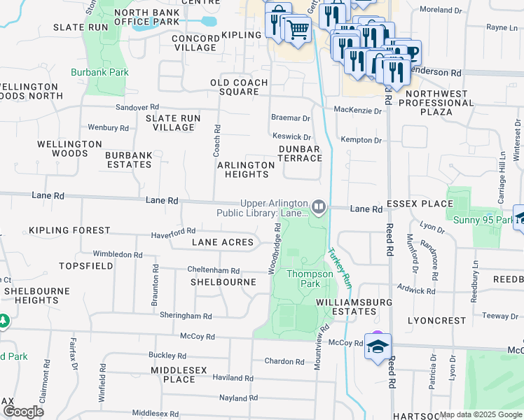 map of restaurants, bars, coffee shops, grocery stores, and more near 2105 Lane Road in Columbus