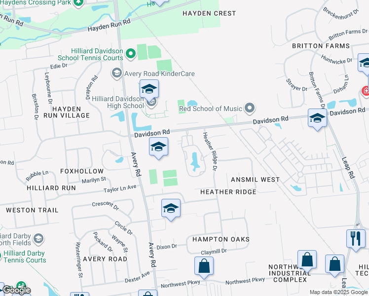 map of restaurants, bars, coffee shops, grocery stores, and more near 4624 Crystal Clear Drive in Hilliard