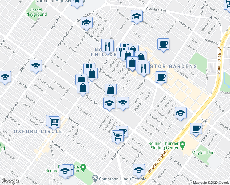 map of restaurants, bars, coffee shops, grocery stores, and more near 7117 Kindred Street in Philadelphia