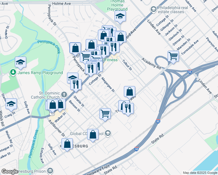 map of restaurants, bars, coffee shops, grocery stores, and more near 8767 Jackson Street in Philadelphia