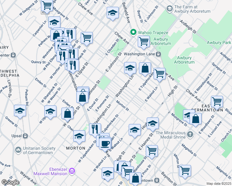 map of restaurants, bars, coffee shops, grocery stores, and more near 6305 Gardenia Street in Philadelphia