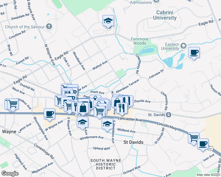 map of restaurants, bars, coffee shops, grocery stores, and more near 233 Plant Avenue in Wayne