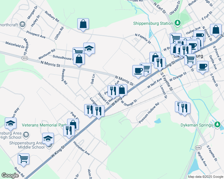 map of restaurants, bars, coffee shops, grocery stores, and more near 35 Cumberland Avenue in Shippensburg