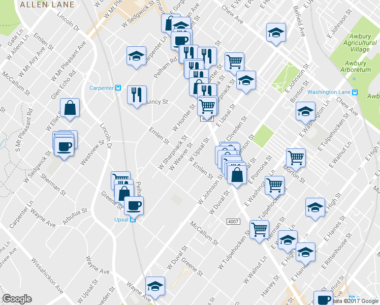 map of restaurants, bars, coffee shops, grocery stores, and more near 47 West Upsal Street in Philadelphia