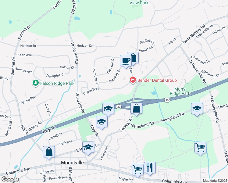 map of restaurants, bars, coffee shops, grocery stores, and more near 320 Primrose Ln in Mountville