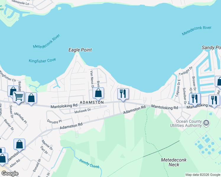 map of restaurants, bars, coffee shops, grocery stores, and more near 20 Hulse Landing Road in Brick Township