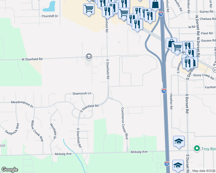 map of restaurants, bars, coffee shops, grocery stores, and more near South Stanfield Road in Troy