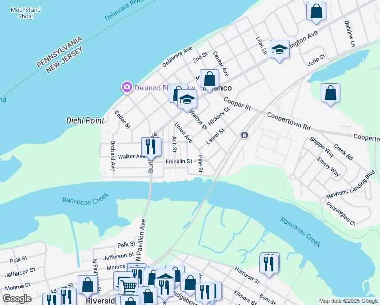 map of restaurants, bars, coffee shops, grocery stores, and more near 423 Poplar Street in Delanco