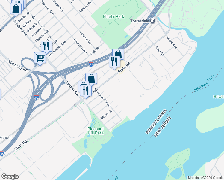 map of restaurants, bars, coffee shops, grocery stores, and more near 50203 Delaire Landing Road in Philadelphia