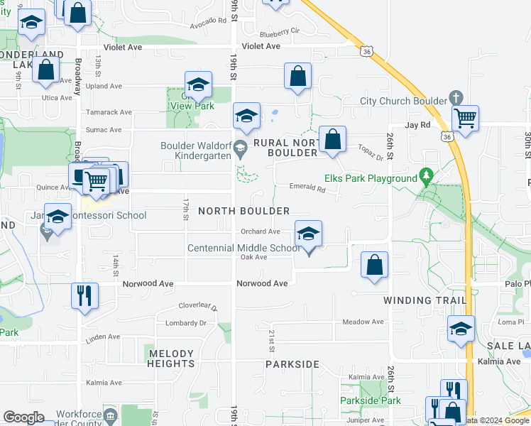 map of restaurants, bars, coffee shops, grocery stores, and more near 1990 Poplar Avenue in Boulder