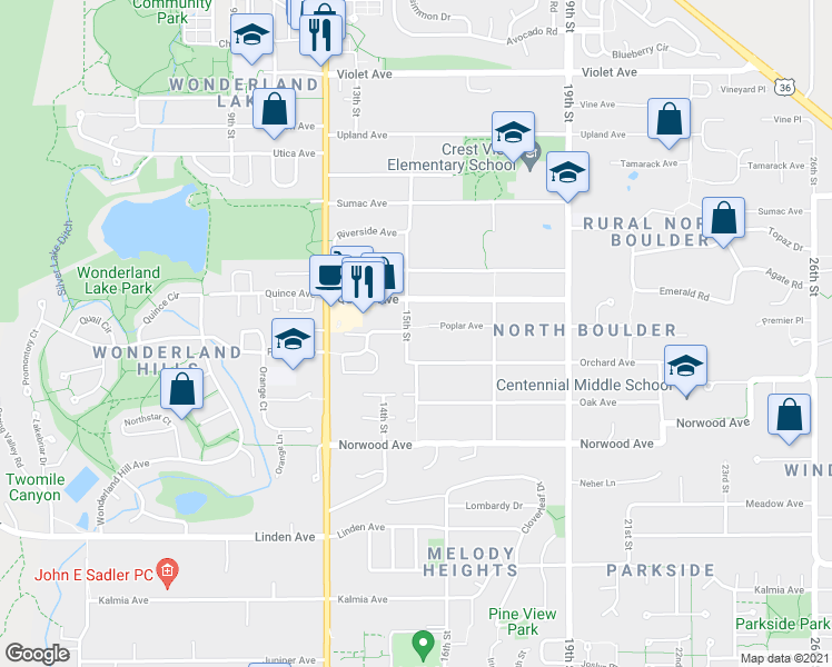 map of restaurants, bars, coffee shops, grocery stores, and more near 3948 15th Street in Boulder