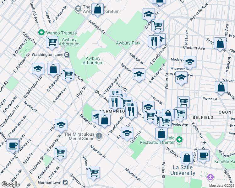 map of restaurants, bars, coffee shops, grocery stores, and more near 837 East Stafford Street in Philadelphia