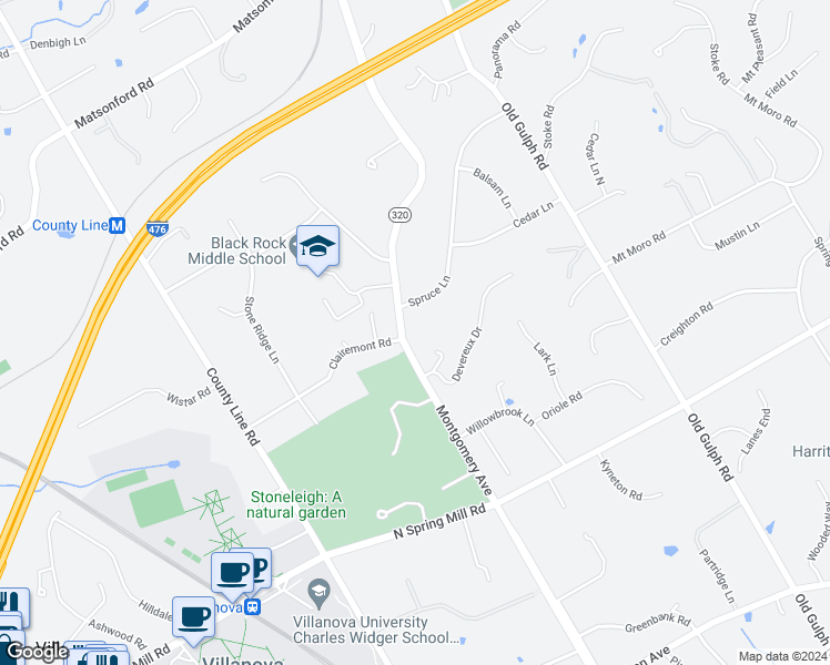 map of restaurants, bars, coffee shops, grocery stores, and more near 1833 Montgomery Avenue in Villanova