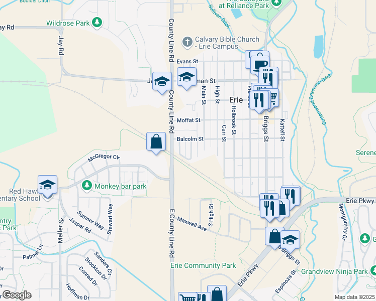 map of restaurants, bars, coffee shops, grocery stores, and more near 135 Lawley Drive in Erie
