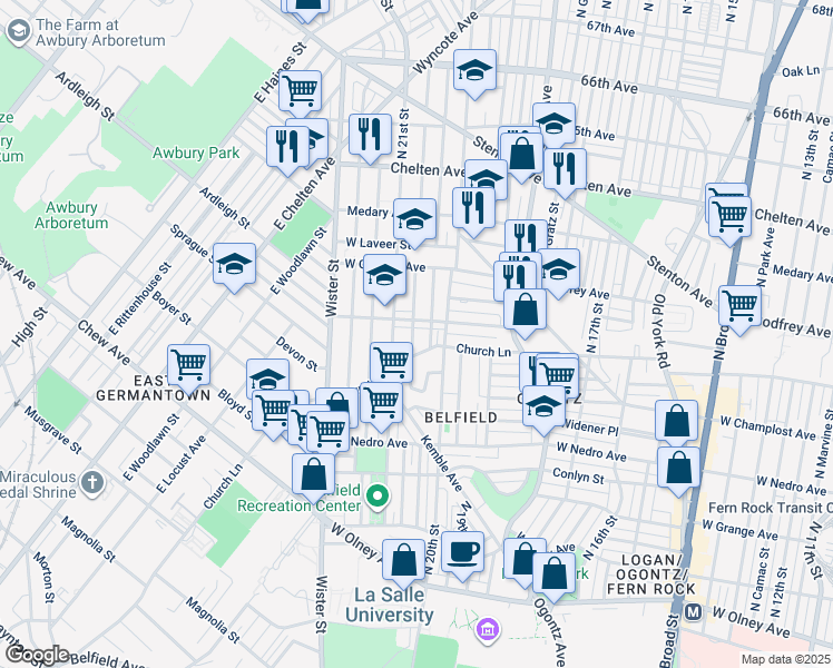map of restaurants, bars, coffee shops, grocery stores, and more near 6031 North Lambert Street in Philadelphia